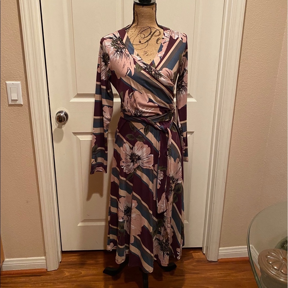 Purple floral striped print faux wrap dress